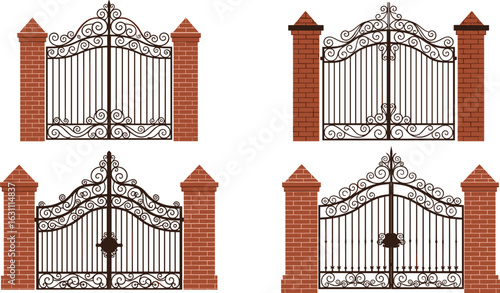 Elegant wrought iron gates with brick pillars, vintage gate designs, decorative metal fencing, luxury entrance architecture, vector illustration set.