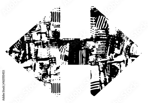 Vector Abstract distressed arrow points left featuring textured elements.