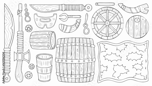 Illustration of a viking set with sword axe barrel wheel horn shield and other medieval equipment items silhouette