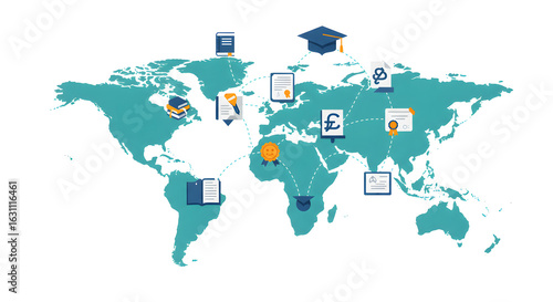 Collection of blue and white digital icons, depicting online learning and technology.