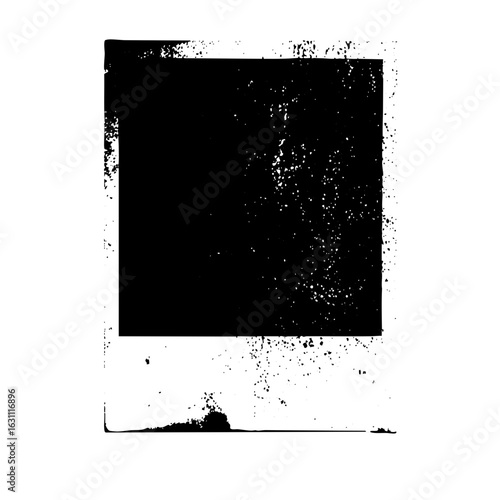 Vector Abstract black rectangle with distressed edges and scattered speckles.