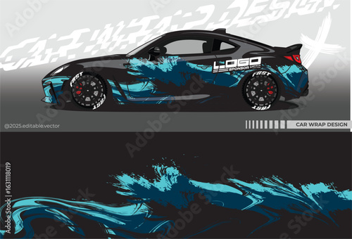 Car Wrap abstract design. Livery decal car vector with black and blue color. Full body car sticker suitable for racing, rally and daily use