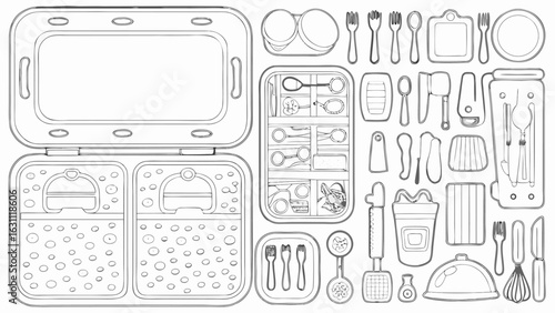 Detailed line art illustration of a lunchbox and various kitchen utensils laid out on a white surface silhouette