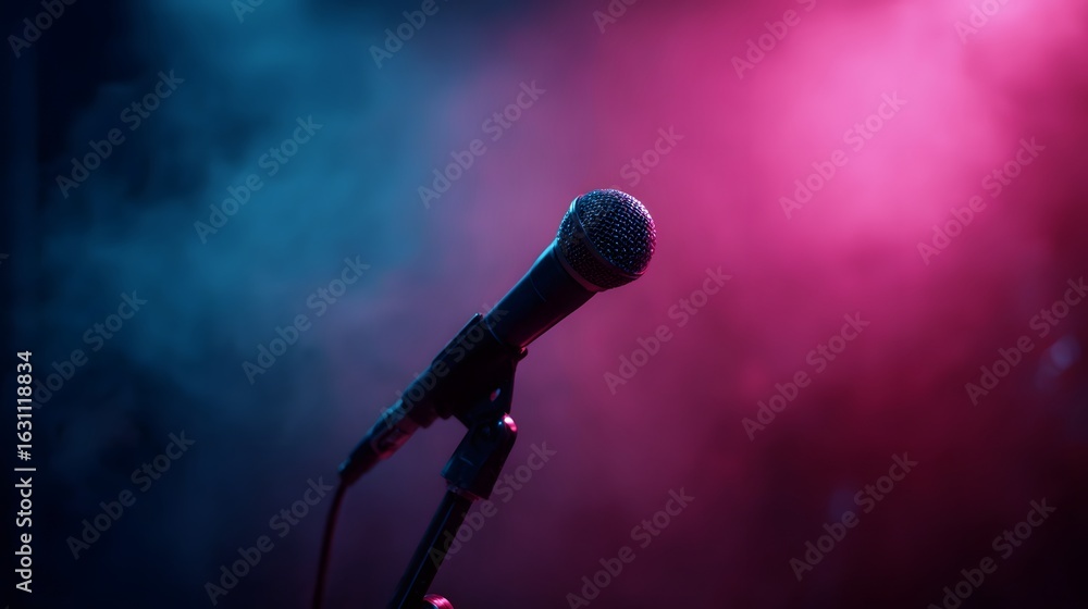 Obraz premium Microphone with vibrant neon lighting at a music performance