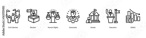 Civil Participation web banner icon vector illustration for civil liberties, election process, human rights, grassroots movements, and legislative systems like senate and executive branches.