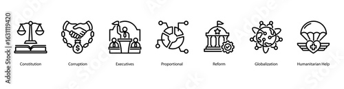 Government Reform web banner icon vector illustration for topics on budget deficits, constitutional law, corruption, government executives, proportional systems, political reform, and globalization.