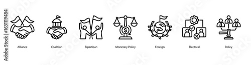 Global Politics web banner icon vector illustration for democracy, international alliances, coalitions, bipartisan systems, monetary policy, and foreign political engagement.