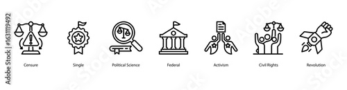 Political Action web banner icon vector illustration for electoral systems, policy formation, censure, single-party dynamics, federal governance, activism, civil rights, and revolutionary movements.