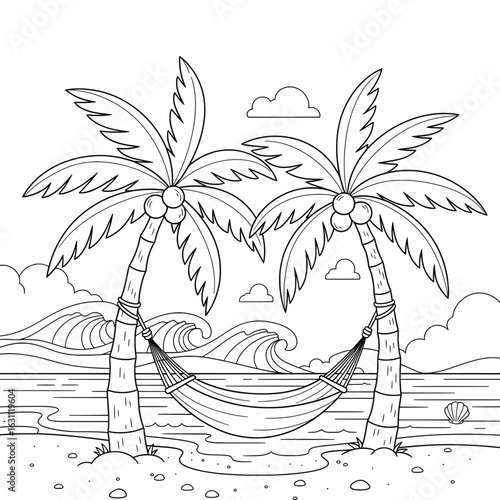 Tropical beach hammock tied between palm trees with ocean waves, seashell, and clouds, relaxing vacation scene coloring page