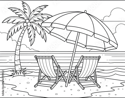 Beach scene with palm tree, umbrella, and two chairs on the sand near the ocean, black and white outline for coloring page