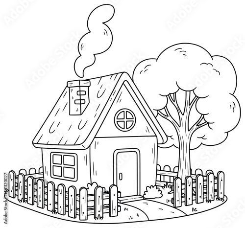 Cozy cottage with smoke coming from chimney, wooden fence and large tree, cute countryside home in cartoon line art coloring page style