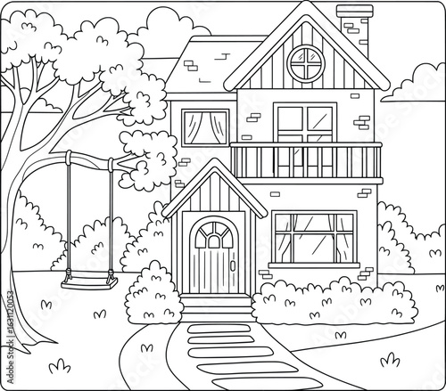 Charming two-story house with front porch, swing on tree, and garden pathway in a cute cartoon line art style for coloring pages