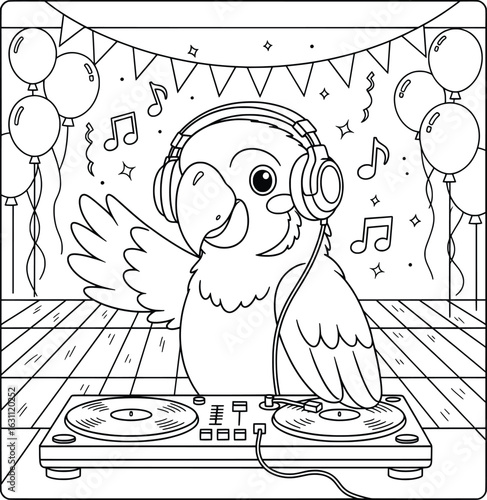 Cute parrot DJ with headphones playing music on turntables at a party, black and white cartoon-style line art for kids coloring page