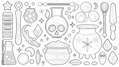 Outlined witchy elements including potions, cauldrons, crystals, and other magical supplies artfully drawn silhouette