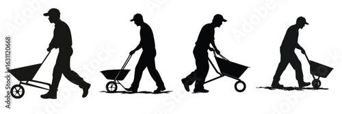 set of worker silhouettes pushing wheelbarrow for construction and gardening use