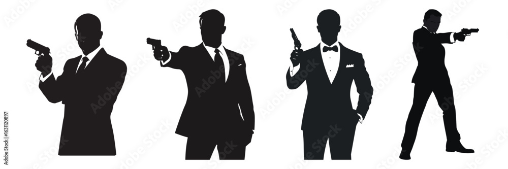 Obraz premium silhouettes of secret agents with guns for action and spy movie design