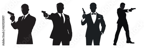 silhouettes of secret agents with guns for action and spy movie design