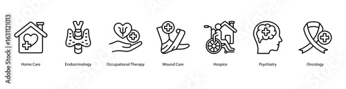 Supportive Care web banner icon vector illustration featuring Home Care, Endocrinology, Occupational Therapy, Wound Care, Hospice, Psychiatry, and Oncology.
