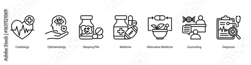 Health Insight web banner icon vector illustration featuring Cardiology, Ophtalmology, Sleeping Pills, Medicine, Alternative Medicine, Counseling, and Diagnosis.