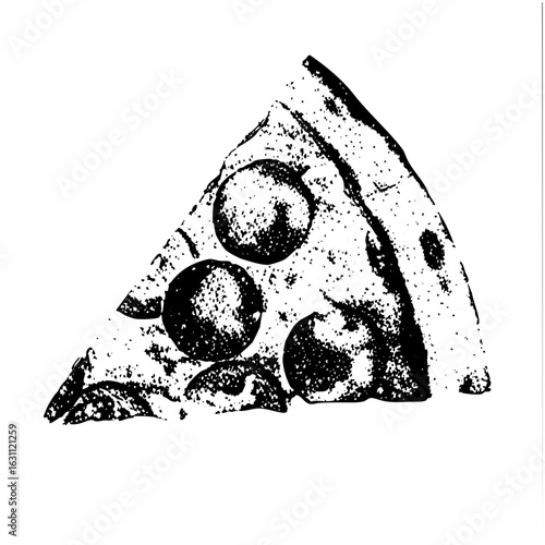 Vector Black and white slice of pizza with toppings .