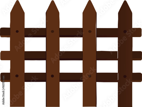 Simple brown wooden picket fence isolated on white background