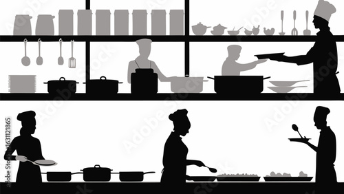 Silhouette of chefs working in a restaurant kitchen with pots pans and utensils on shelves and counters