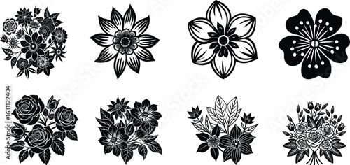 A stunning black and white floral pattern illustration featuring a decorative set of flowers and leaves