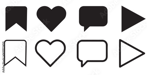Save heart comment play icons, media player, social media set, favorite, bookmark, like, feedback, audio, video, engagement, isolated vector symbols, UI UX
