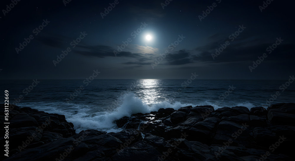 Obraz premium Moonlit Ocean Splendor: Waves Crashing on Rocky Shore under a Starry Night Sky