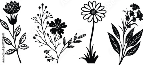 A stunning black and white floral pattern features a set of blossoming flowers, leaves, and plants perfect for a spring design