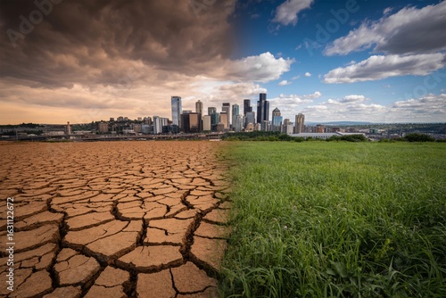 Fototapeta Naklejka Na Ścianę i Meble -  Climate change drought and green earth with city background