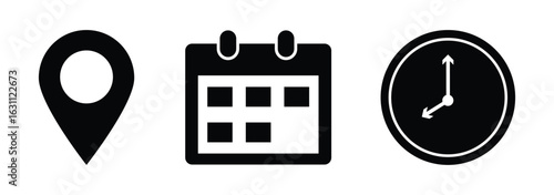 date, time, address or location icon set. calendar, clock and map symbol. clock sign. business schedule and office time clock. location pin sign.