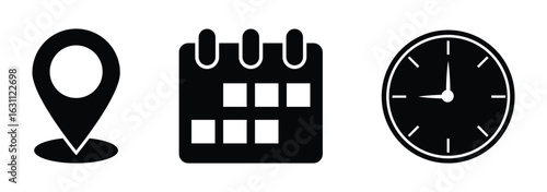 date, time, address or location icon set. calendar, clock and map symbol. clock sign. business schedule and office time clock. location pin sign.