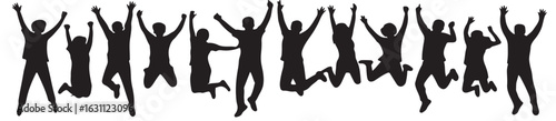 Silhouette illustration of a group of people jumping with their arms raised in a celebratory manner