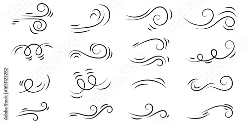 Doodle wind line sketch set. Hand drawn doodle wind motion, air blow, swirl elements. Wind blow line icon. 
