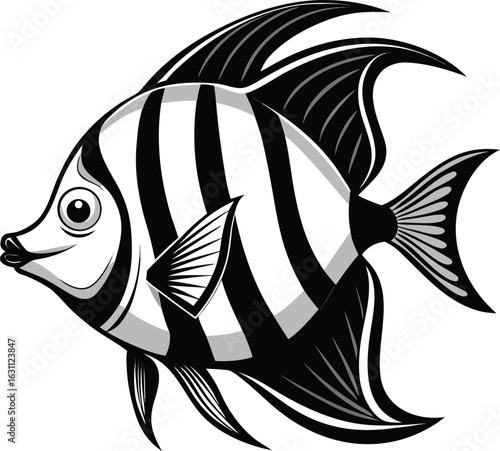 Black and white striped fish vector illustration on clean background