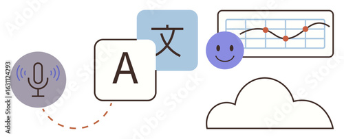 Microphone, multilingual text icons, growth chart, happy face, and cloud outline. Ideal for language learning, translation, AI data analytics cloud computing education global connectivity. Simple