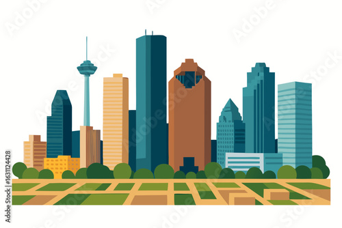 Vibrant vector illustration of Houston city skyline with modern skyscrapers and green park landscape