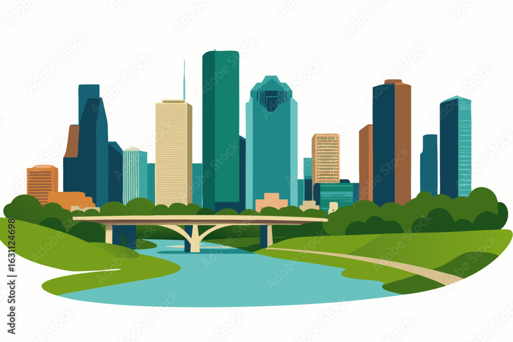 Obraz premium Vibrant vector illustration of Houston cityscape with skyline, bridge, and river landscape