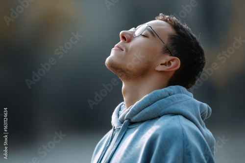 x-default Young Man in Hoodie Taking a Deep Breath Outdoors