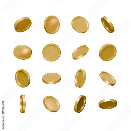Collection of 3D rendered golden coins in various angles and rotations, isolated on a transparent background. Perfect for game design, finance, or cryptocurrency concepts
