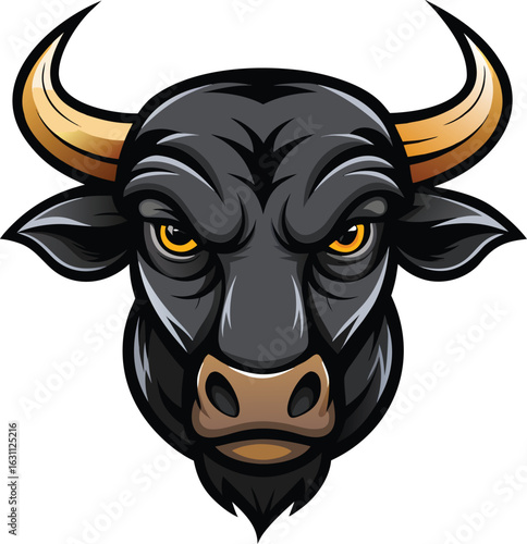 Mighty bull head mascot illustration with golden horns and yellow eyes