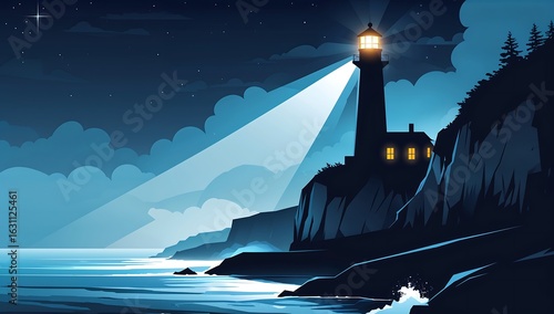 Minimalist vector haunted lighthouse Beam cutting through fog, cliffside, flat coastal night