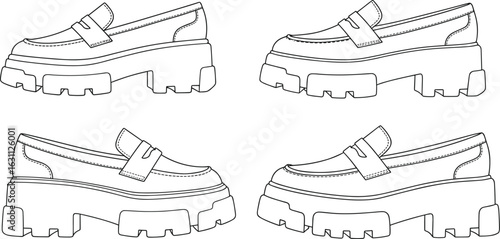 Loafer shoe side view, chunky platform design, vector CAD sketch, trendy women’s footwear fashion template, technical line art drawing