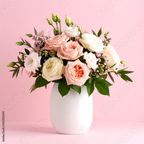 Pastel roses and other blooms in a white vase against a pink background (1)