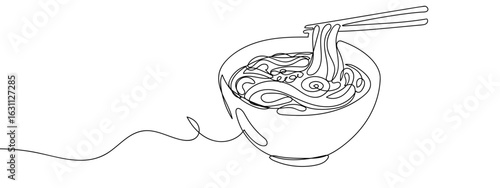 Continuous vector line drawing of udon bowl with chopsticks picking up udon noodles. Transparent background. Japanese food. Noodles. Editable stroke.