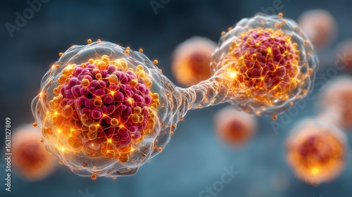 Artistic representation of viral cell fusion with textured membrane structures, spike proteins,