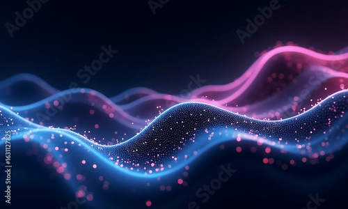 vibrant abstract wave, digital particles flowing in neon blue and pink, a futuristic data stream visualization perfect for technology and science themes.