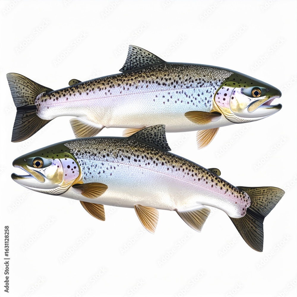 Naklejka premium Two Rainbow Trout Swimming with Silver Scales Isolated on a Clean White Background