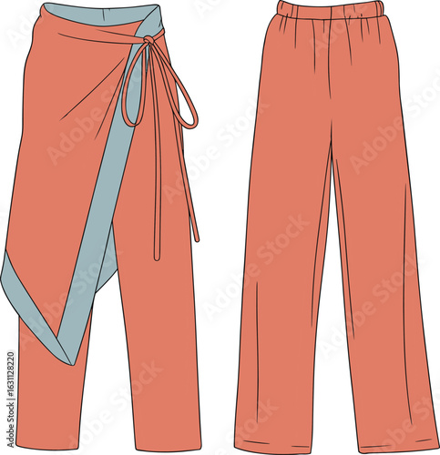 Women’s pants and skirt combo cad drawing flat vector illustration, fashion design template, front back view, garment sketch layout